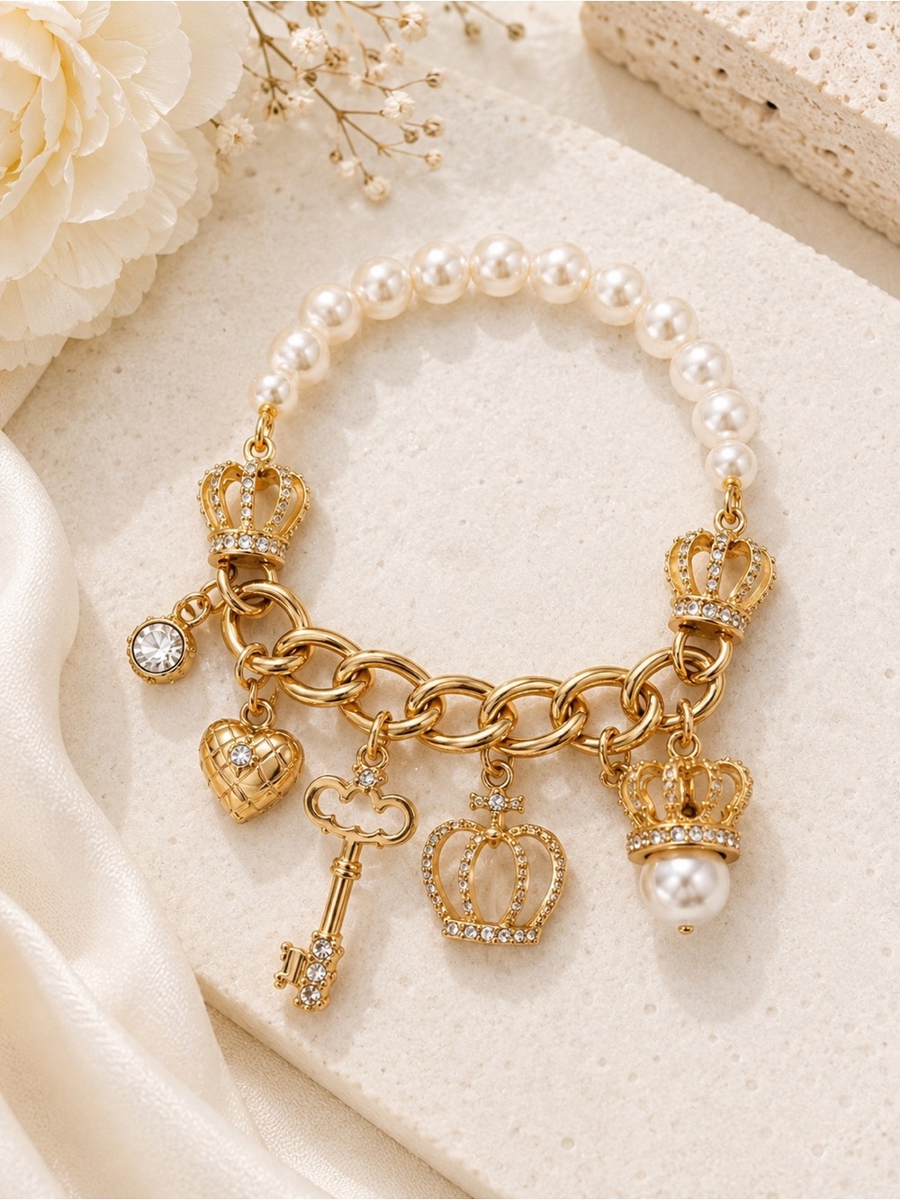Juicy Couture Pearl Charm Bracelet Gold Crown Key Heart Princess Glam NWT